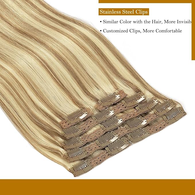 Loxxy 14 Inch Clip in Human Hair Extensions Light Brown Highlighted Platinum Blonde Color P#8/60A Thick Soft Silky Straight Remy Hair Clip In Extensions 7 Pieces 120 Gram