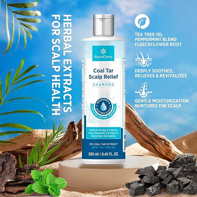 Roycederm Coal Tar Dandruff Shampoo: Extra Strength 2% Coal Tar Extract Medicated Gel for Rapid Scalp Hair Relief targets dandruff, psoriasis, and seborrheic dermatitis - Hydrating & Natural - 2 Pack
