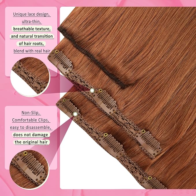 YoungSee Clip in Human Hair Extension Copper Clip in Real Hair Extension Copper Real Human Hair Extensions Clip ins Copper Hair Extensions Real Human Hair for Women 14Inch 7Pcs 120g