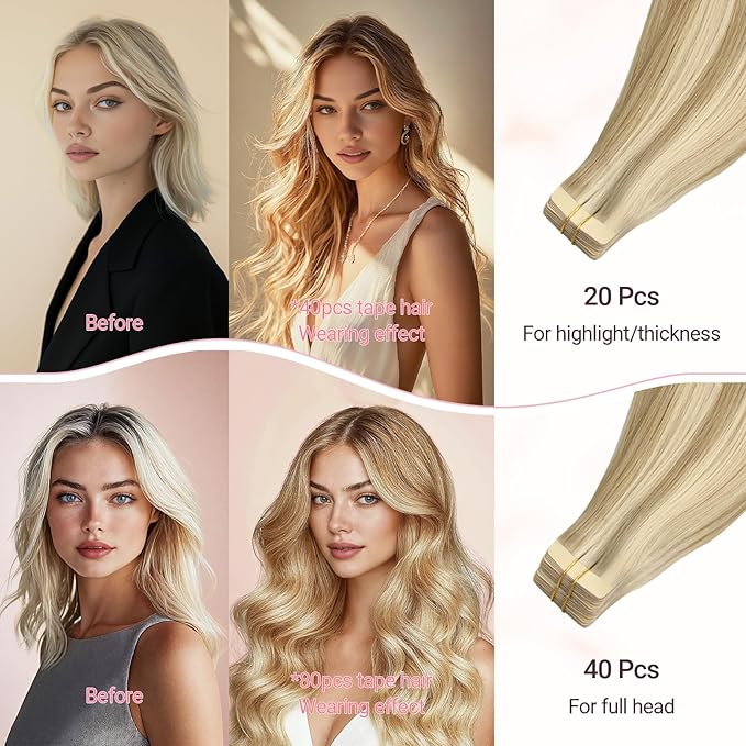 MAXITA Tape in Hair Extensions Human Hair, Balayage Light Blonde Highlighted Golden Blonde Grey Tone 24Inch 50g 20pcs, Thick Ends Straight Seamless Tape ins, Invisible Hair Extensions Real Human Hair