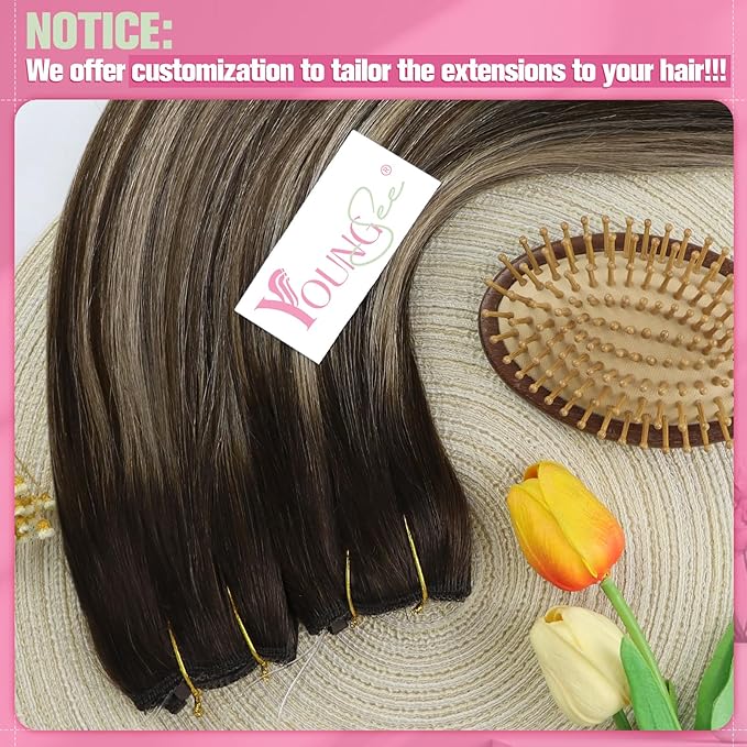 YoungSee Wire Hair Extensions Human Hair Balayage Brown Wire Extensions with Adjustable Clips Ombre Dark Brown with Ash Blonde Thickness Human Hair Extensions Blend Natural Looking 16Inch 80G