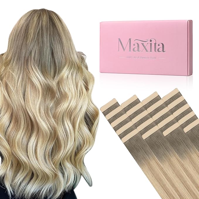MAXITA Seamless Tape in Hair Extensions Human Hair, 100% Human Tape in Hair Extensions Light Ash Brown to Dirty Brown and Sun Blonde 16 Inch 50g 20pcs,Invisible Seamless Remy Tape for Extensions