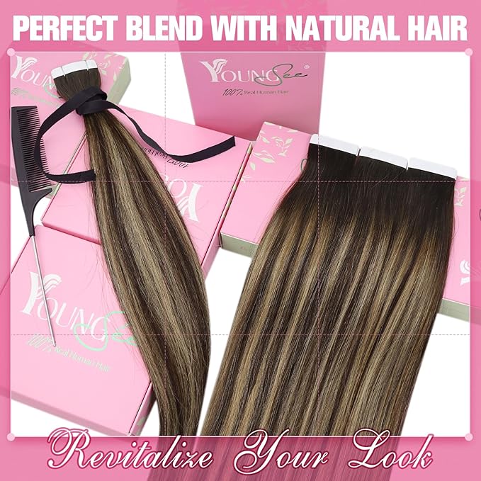 YoungSee Tape in Hair Extensions Human Hair Balayage Brown Tape ins Human Hair Extensions Ombre Dark Brown to Blonde Hair Tape in Extensions 12In Tape on Hair Extensions for Short Hair 20pcs 30g