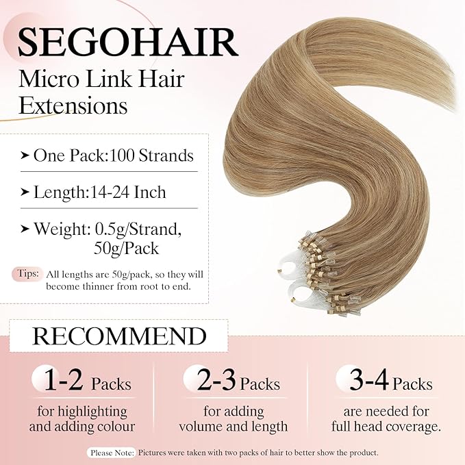 Micro Link Hair Extensions Human Hair Micro Bead Extensions Micro Loop Micro Ring Human Hair Extensions for Women Silky Straight Natural 50g/100 Stands 24" Golden Brown Mix Bleach Blonde