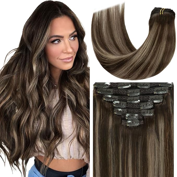 Loxxy 18 Inch 120g Hair Extensions Clip in Double Weft Brazilian Human Hair Thick Silky Straight Clip in Remy Hair Full Head Rooted Dark Brown to Chestnut Brown Highlight Dark Brown Color R#2-2/6