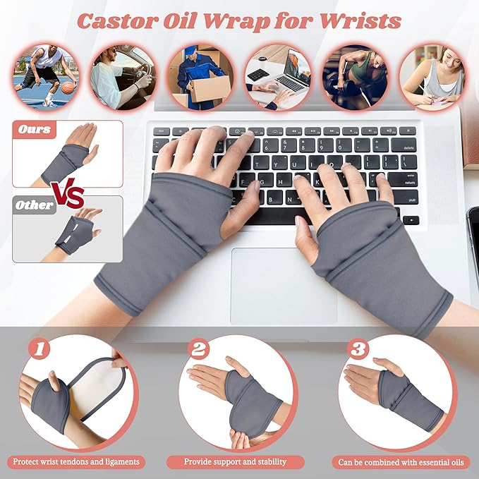 12 Pcs Castor Oil Pack Wrap-Grey, Castor Oil Pack Organic Cotton for Knees Shoulder Hands Neck Waist Chest and Feet, Adjustable Compress Pads for Entire Body