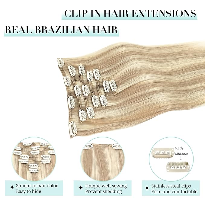 DOORES Clip-in Hair Extensions - Real Human Hair, Balayage Dark Blonde with Highlights, 24 Inch, 7 Pieces, 120g, Remy, Silky Straight, Thick