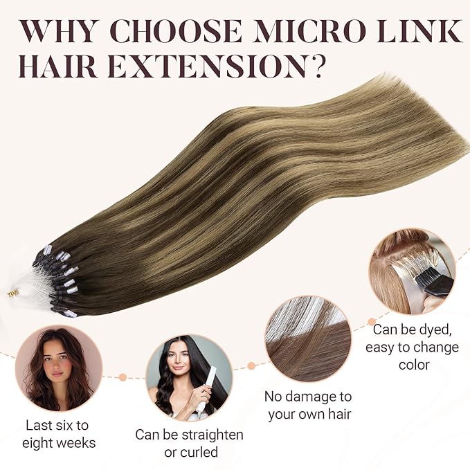 MAXITA Microlink Hair Extensions Human Hair Balayage Dark Brown Mixed Chestnut Brown Micro Bead Hair Extensions Virgin Human Hair, 50g/50 Strands/Pack, 22 In