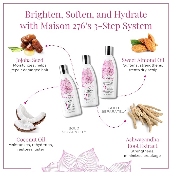 Maison 276 HYDRATE Shampoo for Silver, Gray & Blonde Hair, Tone-Correcting, Neutralizes Brassiness & Replenishes Hair Moisture, Sulfate-Free, 8 oz Bottle