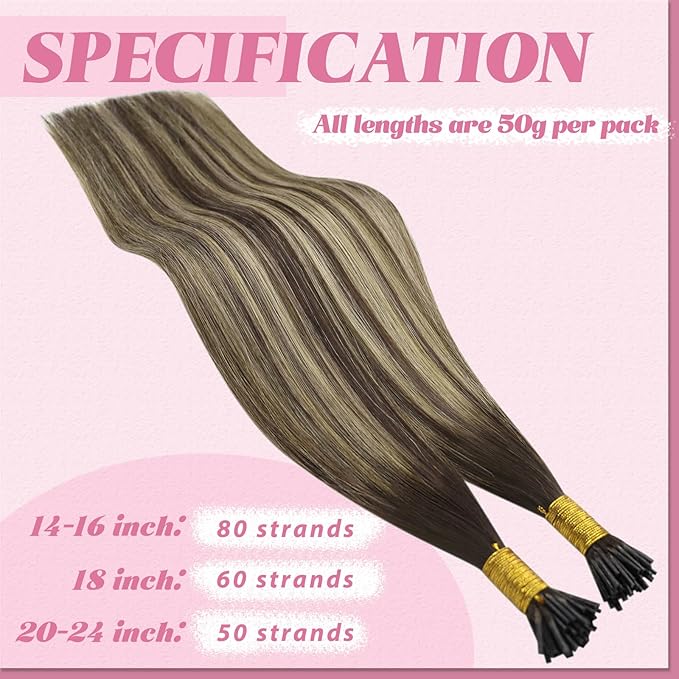 YoungSee Itip Human Hair Extensions Balayage Tip Hair Extensions Ombre Dark Brown with Ash Blonde I Tips Hair Extension for Women 80s I-Tips Extensions Real Human Hair Silky Straight 16Inch 50g
