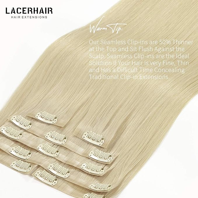 Lacer Hair Ultra Seamless Real Hair Extensions Clip in Human Hair 9A Grade Remy Hair Super Invisible Double Side PU Skin Weft Comfortable Clip Ins for Women 7 Pcs 110g 16 Inch #60A Platinum Blonde