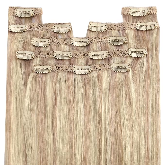 YoungSee Blonde Clip in Hair Extensions 20 inch Blonde Hair Extensions Clip in Highlights #18/613 Blonde Clip in Hair Extensions Human Hair Soft 100G 7Pcs