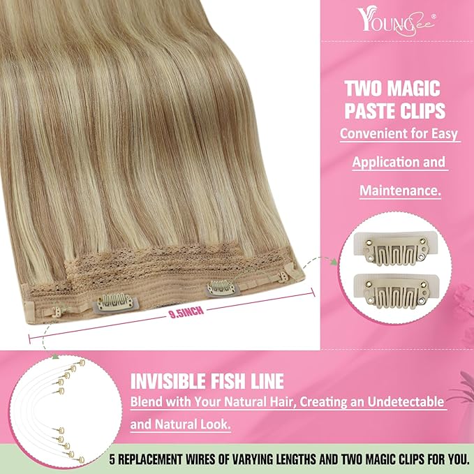 YoungSee Invisible Wire Human Hair Extensions Blonde Highlight Thick Wire Hair Extensions Real Human Hair Dark Ash Blonde Highlights Golden Blonde Hair Wire Extensions for Women 14In 80G