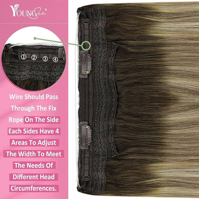 YoungSee Wire Hair Extensions Human Hair Brown Ombre Fish Line Hair Extensions Dark Brown Ombre Light Brown with Blonde Straight Hair Wire Extensions Customizable Hair Extensions Human Hair 12inch 70g