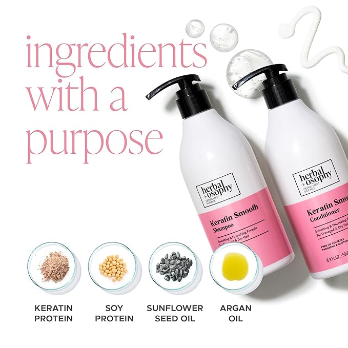 Keratin Shampoo & Conditioner Set, Nourishing & Moisturizing Formula for Damaged & Dry Hair, Highly Hydrate & Repair for Color Treated Hair, Sulfate,Parabens & Gluten Free, 2 x 16.9 Fl Oz