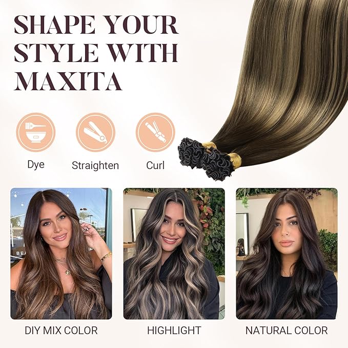 MAXITA U Tip Hair Extensions Human Hair, Balayage Chocolate Brown to Caramel Blonde Virgin Human Hair Extensions Real Human Hair, 50g/50 Strands/Pack, 14 In