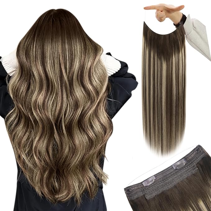 YoungSee Wire Hair Extensions Human Hair Balayage Fish Line Human Hair Extensions Ombre Dark Brown with Ash Blonde Straight Wire Extensions Real Human Hair Softness Human Hair Extensions 14Inch 80G