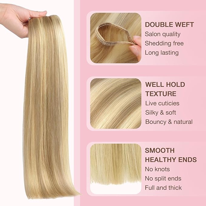 GOO GOO Sew in Hair Extensions Real Human Hair, Weft Hair Extensions Human Hair, 16/22 Light Blonde Highlighted Golden Blonde 18inch 100g, Weft Bundles Straight Silky Remy Hair