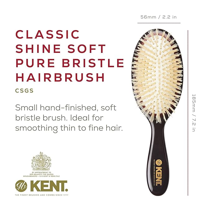 Kent CSGS Classic Shine Small Oval Cushion Straightening Brush and Hair Detangler Natural White Boar Bristle Hair Brush, Shine Hair Brush and Scalp Scrubber for Mid-Length Fine or Thinning Hair