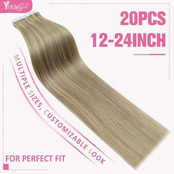 YoungSee Tape in Hair Extensions Real Human Hair Blonde Highlight Tape ins Human Hair Extensions Golden Blonde Highlights Human Hair Tape in Extensions 20 Inches 20pcs 50g Invisible Hair Extensions