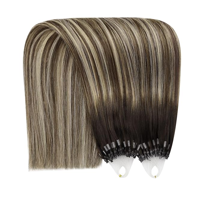 YoungSee Microlink Hair Extensions Human Hair Balayage Microloop Hair Extensions Human Hair Dark Brown Roots Ombre Blonde Bead Hair 18In 50g 50s Remy Extensions for Thin Hair
