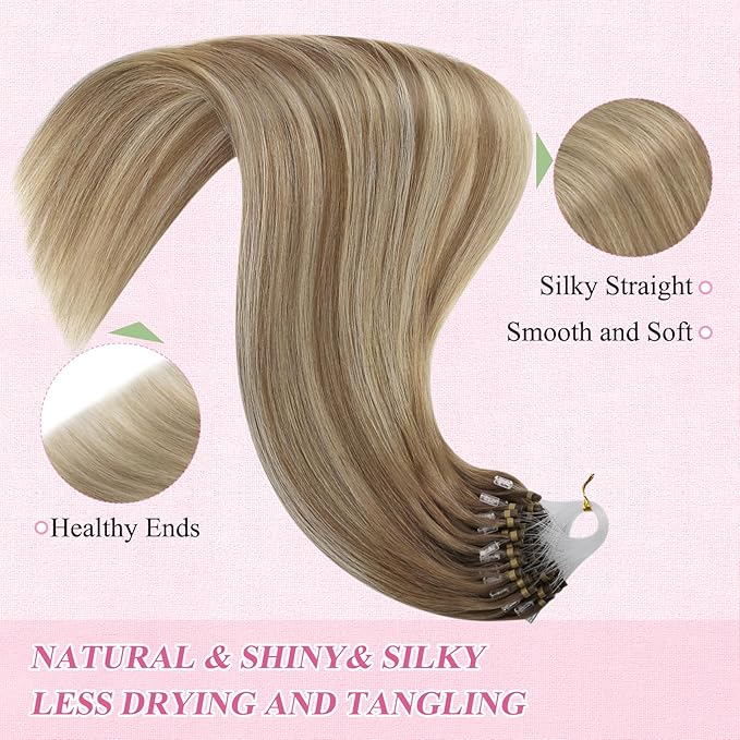 YoungSee Microbead Hair Extensions Ombre Bead Hair Extensions Real Human Hair Balayage Light Brown with Blonde Micro Hair Extensions Human Hair Silky Straight for Young Adults 22 Inch 50s 50g