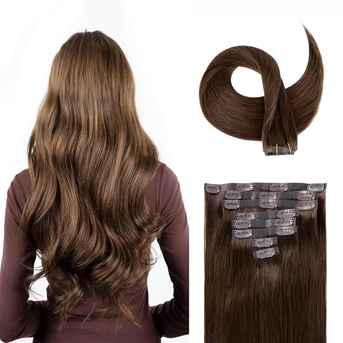 Clip in Hair Extensions Real Human Hair Chocolate Brown Seamless Clip In 100% Straight Remy Hair Extensions PU Skin Weft Add Volume for Women #4A 22Inch 120G 8PCS