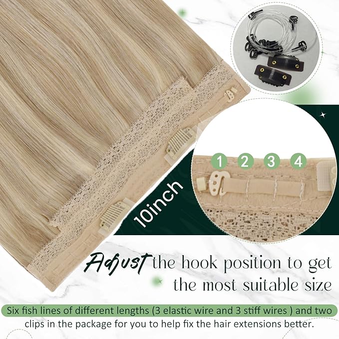 RUNATURE Wire Human Hair Extensions Dark Blonde Highlight Golden Blonde Fish Wire Hair Extensions Real Human Hair Invisible Wire Hair Extensions 16 Inch 80g
