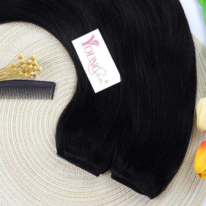 YoungSee Wire Hair Extensions Jet Black Hair Extensions Wire Natural Black Wire Hair Extensions Real Human Hair Invisible Fish Line Hair Extensions Short Human Hair Extensions 12Inch 70g