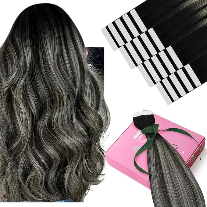 YoungSee Tape in Hair Extensions Human Hair Ombre Seamless Tape in Hair Extensions Human Hair Black Ombre Silver with Black Roots Human Hair Tape ins Reusable 18In 50g 20pcs