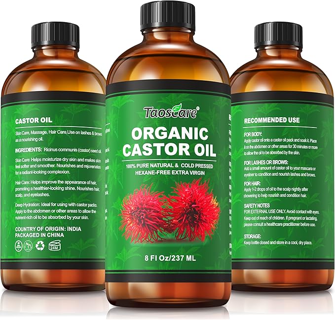 2 Pack Castor Oil Organic Cold Pressed Unrefined Glass Bottle with 2 Pumps – Pure & Hexane-Free for Hair Growth, Skin Care, Lashes, Brows, Body Nourishment – Ideal for Caster Oils Pack Wrap