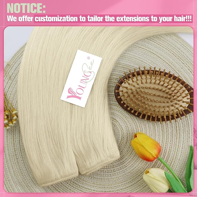 YoungSee Wire Hair Extensions Blonde Invisible Wire Hair Extensions Real Human Hair Platinum Blonde Wire Hair Extensions with Transparent Line Can Be Ironed And Dyed for Women 12In 70G