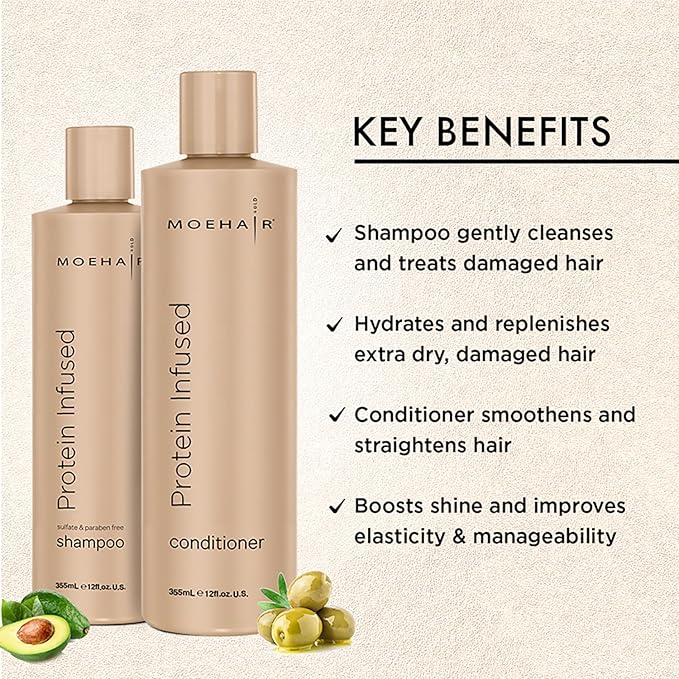 MOEHAIR Protein Infused Shampoo and Conditioner Set for Dry & Damaged Hair | Strengthens Hair Fiber | Sulfate & Paraben Free | Adds Shine, Softens & Hydrates Hair (12 Fl Oz)