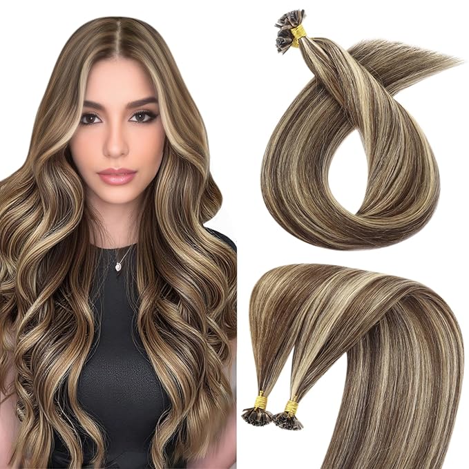 Sunny Hair Ktip Human Hair Extensions Fit Any Occasion K Tip Hair Extensions Real Human Hair Medium Brown Highlight Caramel Blonde Fusion Hair Extensions Soft Silky Keratin Tip 18inch 50g