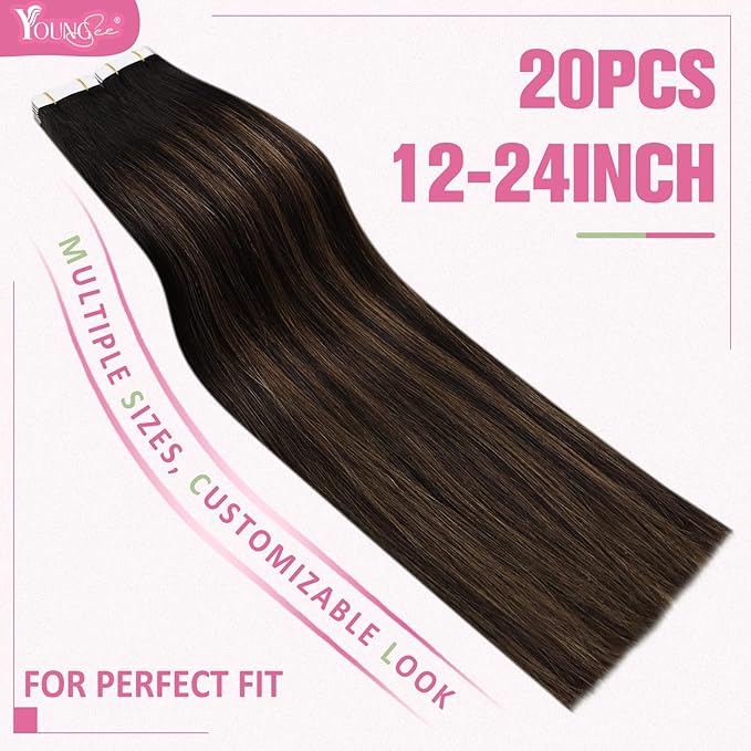 YoungSee Tape in Hair Extensions Real Human Hair Brown Tape Hair Extensions Balayage Dark Brown with Medium Brown Tapein Hair Extensions Real Human Hair Long Hair Extensions 24In 20pcs 50g