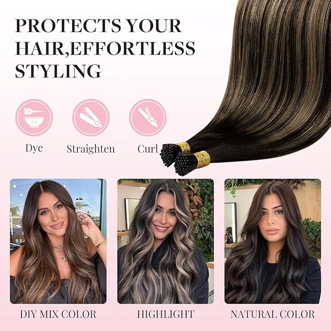 MAXITA I Tip Hair Extensions, 50g/100s, Dark Brown Mixed Chestnut Brown, 14 Inch Comfortable Wear, Invisible & Natural Cold Fusion, 100% Remy Human Hair Itip Keratin Extensions