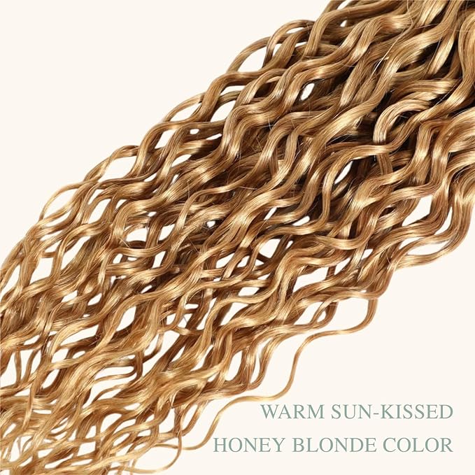 BQRIH #27 Honey Blonde Water Wave Bundles with 4x4 Closure Pre Plucked Human Hair 18 20 22+16, 12A Virgin Brazilian Curly Weaves Soft Bouncy Wet n Wavy Colored 3 Bundles with Transparent Lace Closure