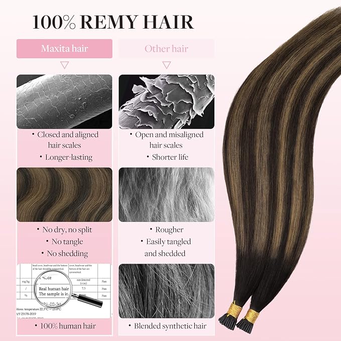 MAXITA I Tip Hair Extensions, 50g/100s, Dark Brown Mixed Chestnut Brown, 14 Inch Comfortable Wear, Invisible & Natural Cold Fusion, 100% Remy Human Hair Itip Keratin Extensions