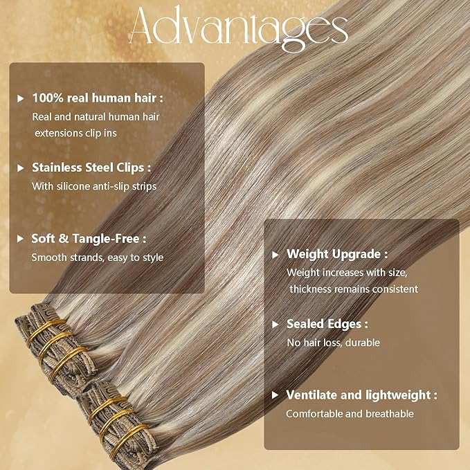 Blonde Human Hair Extensions Clip Ins 12 Inches 75g Light Brown Mixed Bleach Blonde Hair Clip Extensions for Women #8/22/8 Straight Silky 7pcs