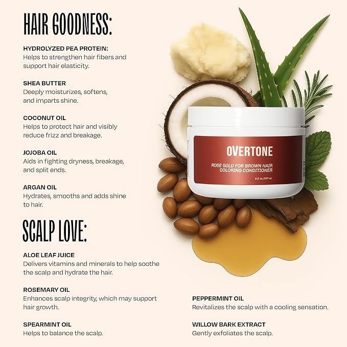 Overtone Color Depositing Semi-Permanent Hair Dye Conditioner - 8 oz For Natural & Color-Treated Hair, Moisturizing Shea Butter & Coconut Oil - Vegan & Cruelty-Free, Rose Gold for Brown is Golden Rose