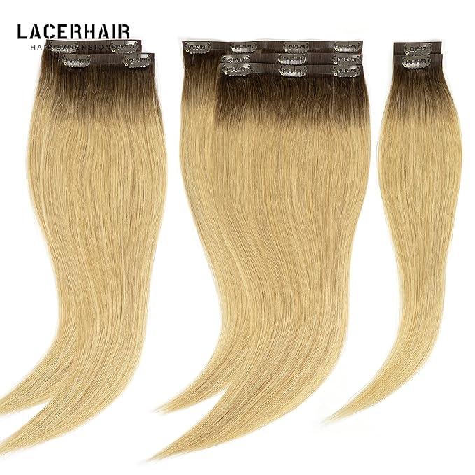 Lacer Seamless Clip in Hair Extensions Human Hair PU Glue Weft Clip on Hair Extensions R#4/18 Dark Brown with Ash Blonde Roots 16 Inch 110G 7pcs