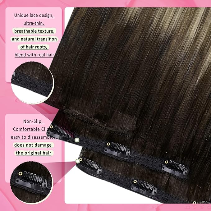 YoungSee 150G Clip in Hair Extensions Real Human Hair Brown Balayage Hair Extensions Clip ins Chocolate Brown with Ash Blonde Balayage Silky Clip on Hair Extensions Human Hair 24inch 7pcs