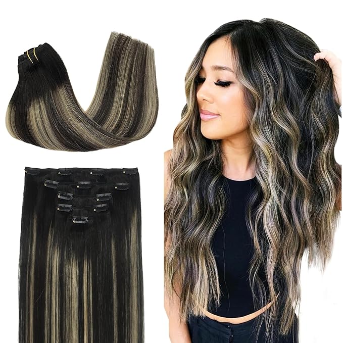 DOORES Hair Extensions Clip in Human Hair, 80g 5pcs Natural Black 20 Inch Clip in Human Hair Extensions Natural Hair Extensions Straight