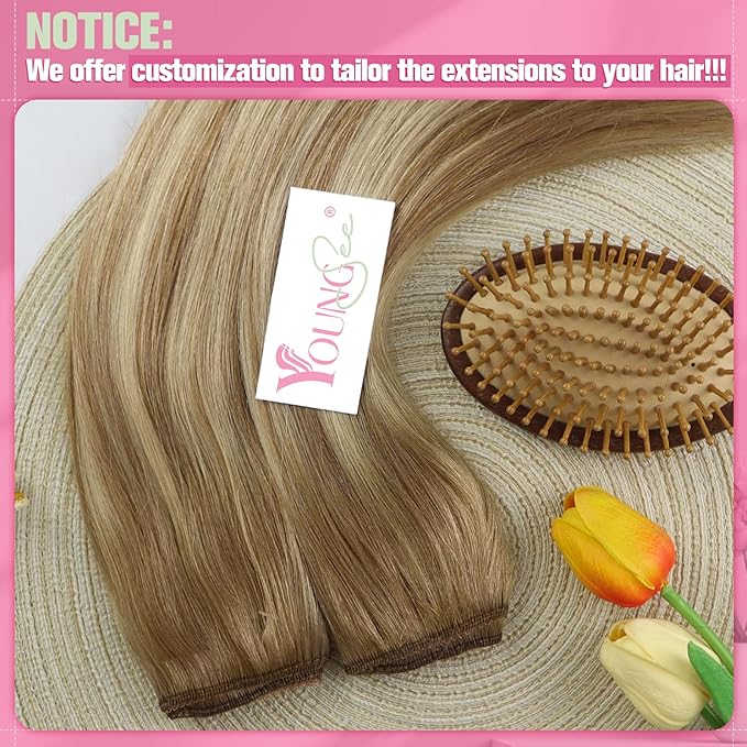 YoungSee Wire Hair Extensions Real Human Hair Balayage Wire Hair Extensions Light Brown with Platinum Blonde and Brown #8/60/8 Layered Hair Extensions Human Hair Fish Line Hair Extensions 16Inch 80G