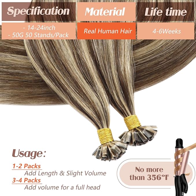 Sunny Hair Ktip Human Hair Extensions Fit Any Occasion K Tip Hair Extensions Real Human Hair Medium Brown Highlight Caramel Blonde Fusion Hair Extensions Soft Silky Keratin Tip 18inch 50g