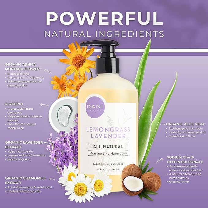 Naturals Moisturizing Hand Soap – Calming Lemongrass Lavender Scent, Hydrating, Sulfate-Free & Paraben-Free, 12 Oz Bottle with Pump, Gentle Cleansing for Dry Skin
