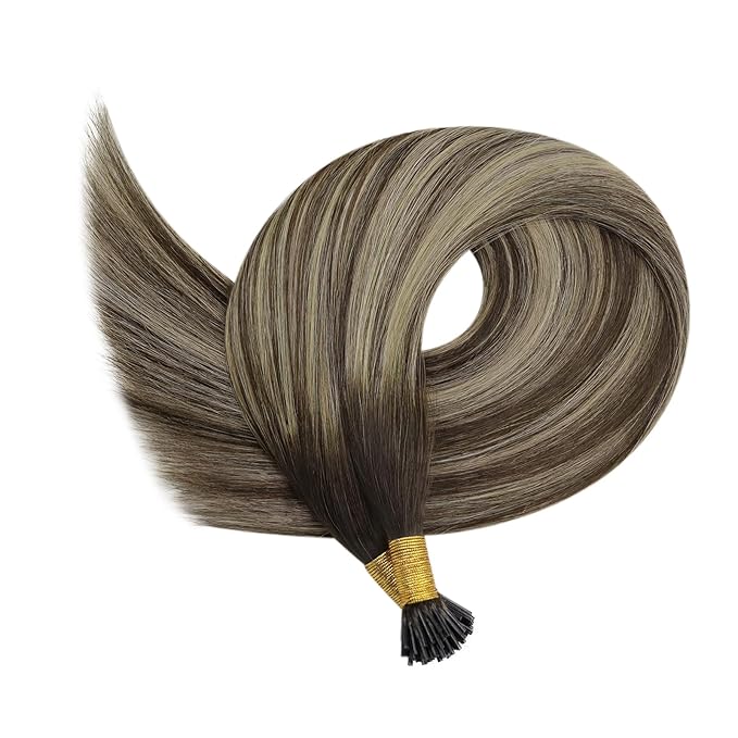 YoungSee Itip Human Hair Extensions Balayage Tip Hair Extensions Ombre Dark Brown with Ash Blonde I Tips Hair Extension for Women 80s I-Tips Extensions Real Human Hair Silky Straight 16Inch 50g