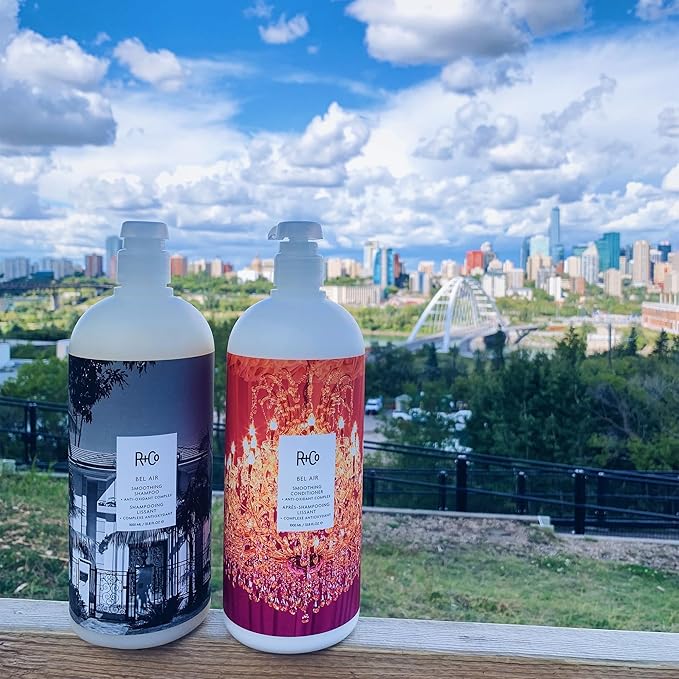 R+Co Bel Air Smoothing Shampoo and Conditioner Set 1L - Smoothing Shampoo + Conditioner Anti-Oxidant Complex | Vegan + Cruelty-Free | R+Co Bonus Deluxe Sample (.5 Oz)