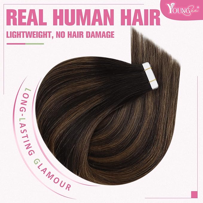 YoungSee Tape in Hair Extensions Real Human Hair Brown Tape Hair Extensions Balayage Dark Brown with Medium Brown Tapein Hair Extensions Real Human Hair Long Hair Extensions 24In 20pcs 50g