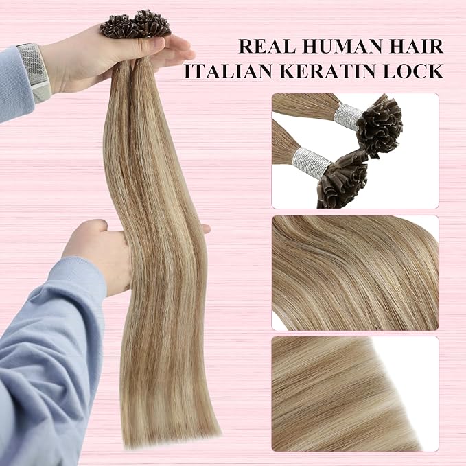 YoungSee Utip Hair Extensions Human Hair Balayage Light Brown Ombre Platinum Blonde U Tip Keratin Hair Extensions for Natural Looking Utips Extensions Real Human Hair Silky Straight 16In 1G/S 50G